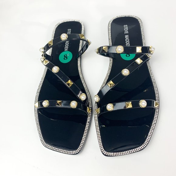 NEW Steve Madden jellah black gold stud pearl detail square toe sandal 8 - Picture 1 of 6